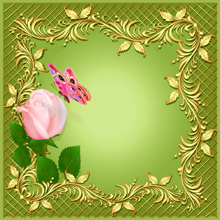 Illustration of green background with rose, butterfly and ornamentのイラスト素材
