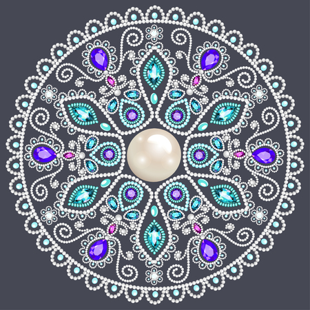 Mandala brooch jewelry, design element.  Geometric vintage ornamental background.のイラスト素材