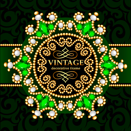 illustration background Frame with gold ornaments and precious stonesのイラスト素材
