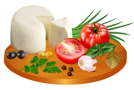 Illustration of Mozzarella Cheese with Tomatoes, Garlic and Onionsのイラスト素材