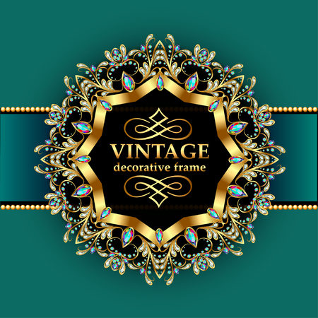 illustration background Frame with gold ornaments and precious stonesのイラスト素材