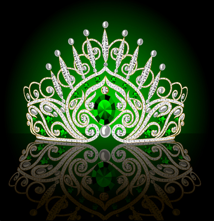 illustration beautiful diadem crown female with emeralds on a dark background with reflectionの写真素材