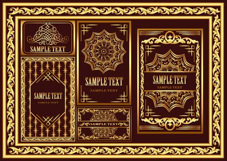 Illustration set of vintage cards and frames with gold patternのイラスト素材