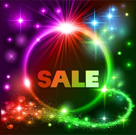 Illustration bright neon background with space stars and the text sale  in a circleのイラスト素材