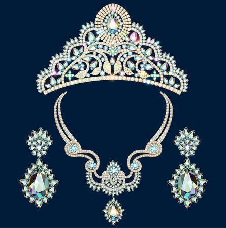 Illustration of a set of brilliant jewelery diadem, necklace and earrings with precious stonesのイラスト素材