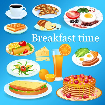 Illustration of a set of breakfast dishes with coffee and orange juice.のイラスト素材