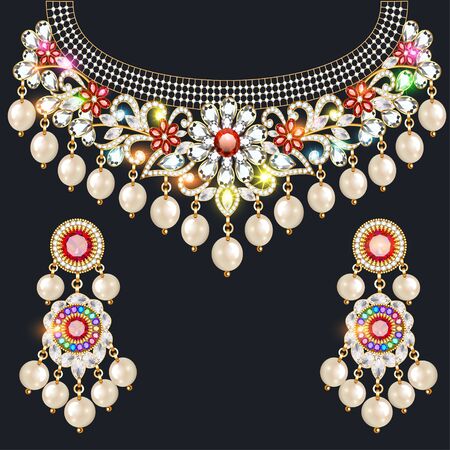 illustration set of necklace and earrings, wedding female diamondのイラスト素材