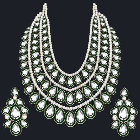 Illustration set of monisto gold female necklaces with precious stones and earringsのイラスト素材
