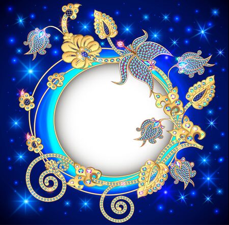 Illustration round, jewelry background banner decorated with gold products, flowers and ornaments in ethnic style with precious stones on a dark glowing background.のイラスト素材