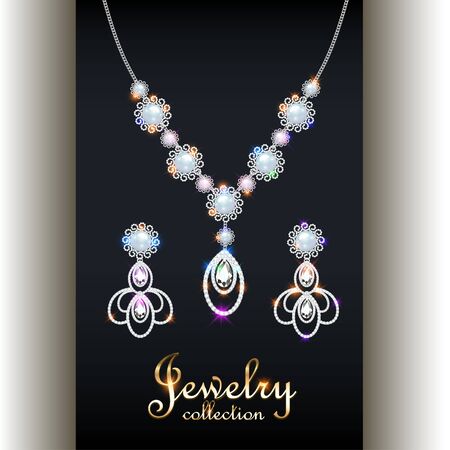Illustration set of elegant necklace, earrings with precious stones, pearls and inscription jewelry collection.のイラスト素材