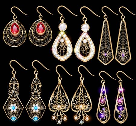 Illustration set of elegant jewelry earrings with precious stones and filigree.のイラスト素材