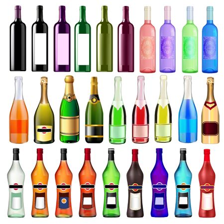 Illustration set of bottles of wine, champagne and martini of different brandsのイラスト素材