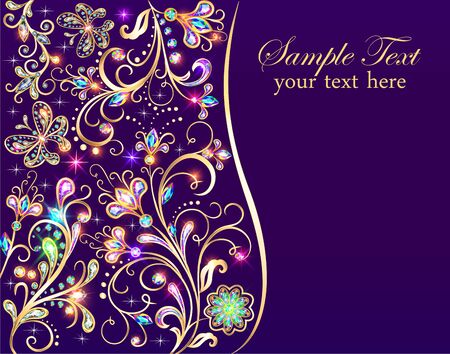 Illustration vintage background greeting card with gold flower pattern butterflies and precious stones.のイラスト素材