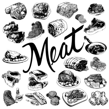 Illustration of hand drawn meat food set.のイラスト素材