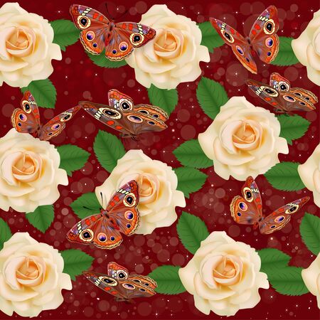 Illustration seamless background with roses and butterflies.のイラスト素材