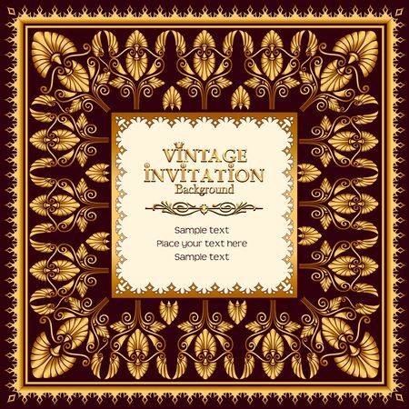 Illustration vintage background, elegant antiques, Victorian gold, floral ornament, baroque frame, beautiful invitation.のイラスト素材