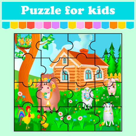 Puzzle game for kids. house cow pig birds and sheep. Education worksheet. Color activity page. Riddle for preschool. Isolated vector illustration. Cartoon style.のイラスト素材