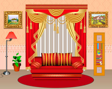 Illustration interior modern home living room sofa, curtains, paintings, floor lamp vectorのイラスト素材