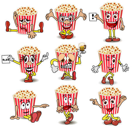 Set of cartoon happy popcorn basket with different emotions.のイラスト素材
