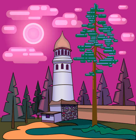 Illustration of a tower on a background of forest and spruce in flat styleのイラスト素材