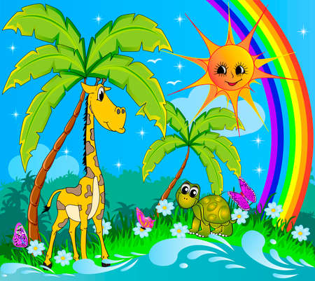 Illustration of children's cartoon background with a giraffe turtle butterflies with the sun and a rainbow in nature with palm trees near the streamのイラスト素材