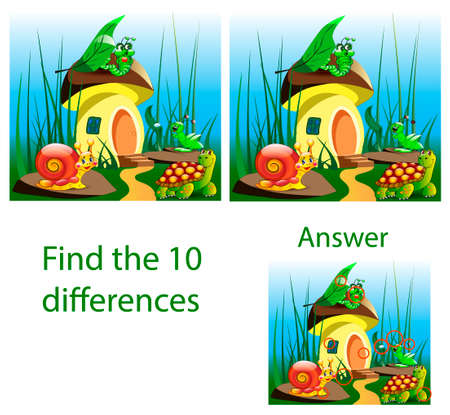 Children illustration. The visual puzzle shows ten differences with turtles, mushroom house in the grass.のイラスト素材