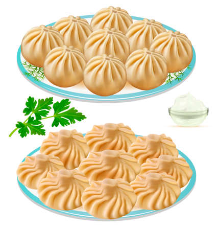 Illustration of buuza and khinkali on a plate with dill and herbsのイラスト素材