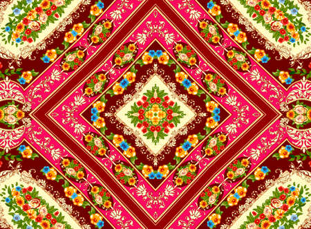 Illustration of a bright multicolored carpet with floral ornaments