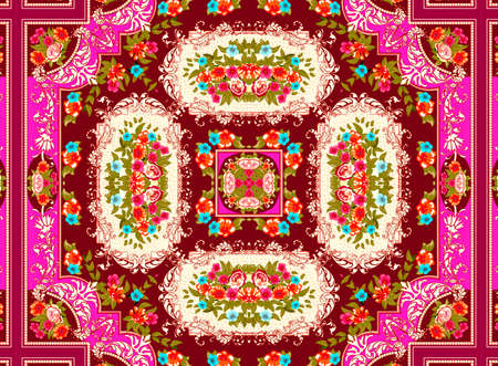 Illustration of a bright multicolored carpet with floral ornaments
