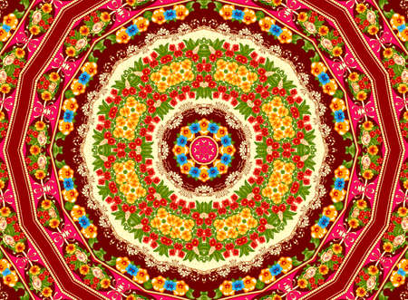 Illustration of a bright multicolored carpet with floral ornaments