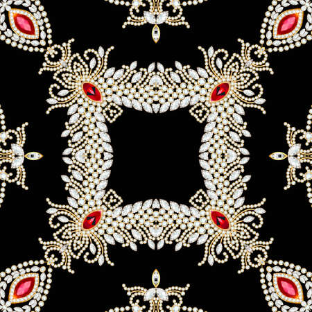 Illustration vintage background with gold flower pattern and precious stones.