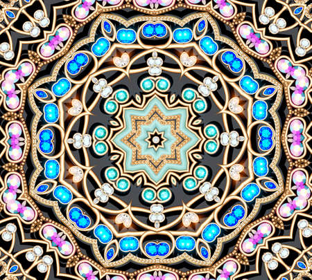 Mandala brooch jewelry, design element. Geometric vintage ornamental background.の写真素材