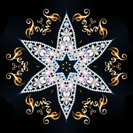 Illustration jewelry vintage background frame with gold ornament and precious stones.の写真素材