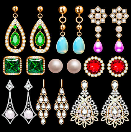Illustration set of jewelry gold earrings with chains and precious stonesのイラスト素材