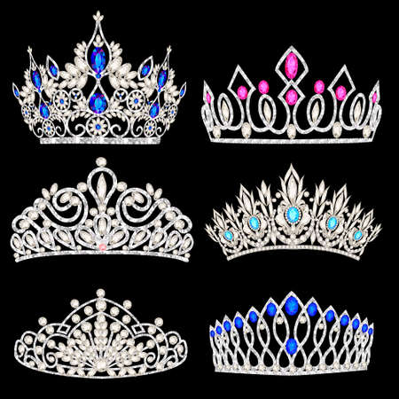 Vector illustration of a fashion collection of jewelry tiaras with diamondsのイラスト素材