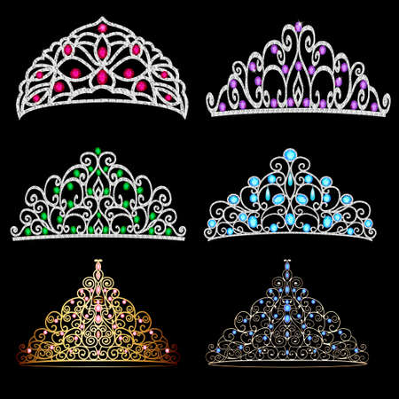 Vector illustration of a fashion collection of jewelry tiaras with diamondsのイラスト素材