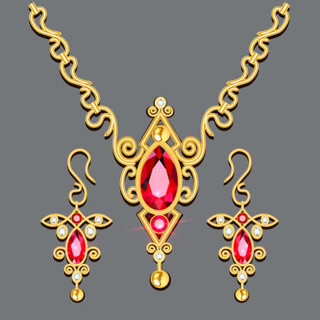 Illustration set of jewelry gold pendant with chain and earringsのイラスト素材