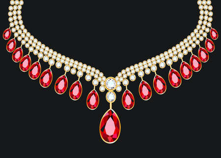 Illustration of a jewelry female gold necklace with precious stones and rubiesのイラスト素材