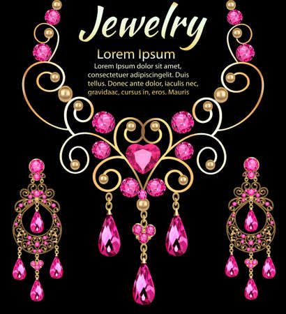 Illustration of a gold jewelry set with precious stones necklace and earrings with place for textのイラスト素材