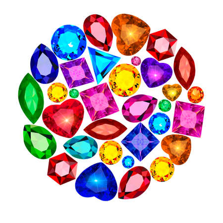 Illustration background with a set of jewelry gems of different colors and cuts collected in a circleのイラスト素材