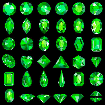 Illustration set of green gems of various cuts and shapes.のイラスト素材