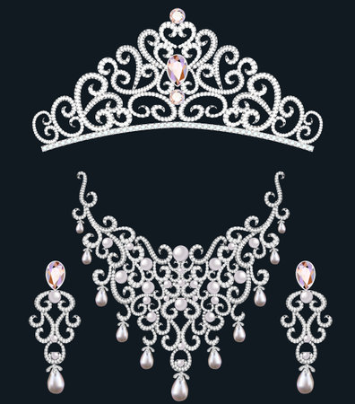 illustration necklace diadem and earrings with white precious stonesのイラスト素材