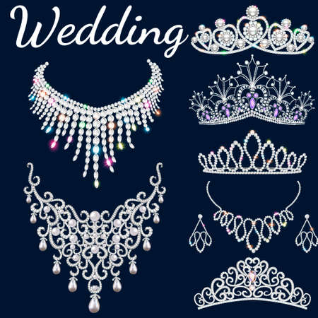 Illustration set of jewelry for wedding. Tiaras, necklaces and earringsの写真素材