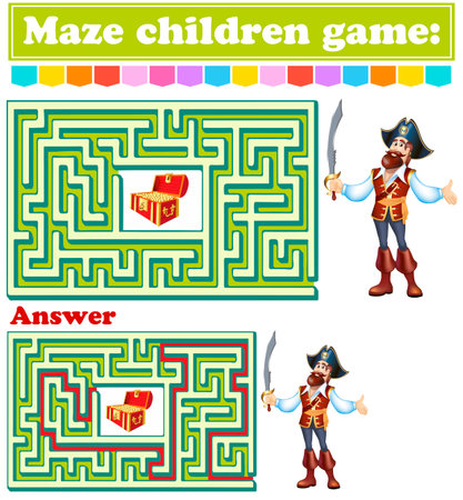 Maze is child's play: help the pirate through the maze and get the treasure. Cartoon colorful character. Preschool educational game. Maze puzzle design. Modern vector design. The riddle of the labyrinth.のイラスト素材