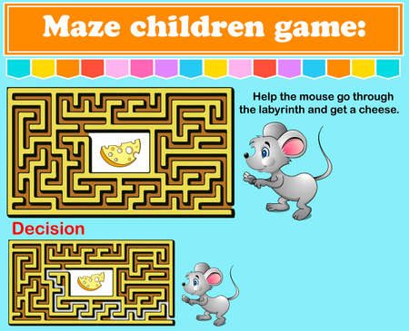 Maze children game: help the mouse go through the labyrinth and get a cheese. Cartoon colorful character. Preschool educational game. Maze puzzle design. Modern vector design. Labyrinth conundrum.のイラスト素材