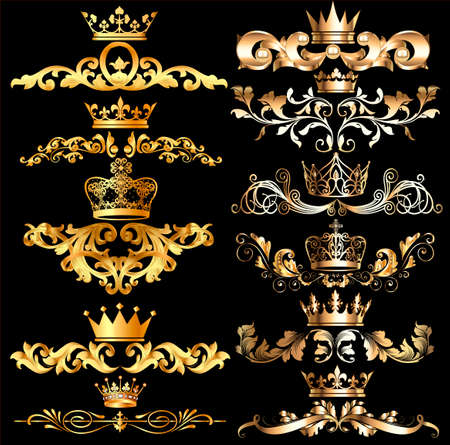 Set of filigree damask ornaments. Floral golden elements, borders, dividers, frames, crowns for page, web design. Page decoration in vintage style on black background.のイラスト素材
