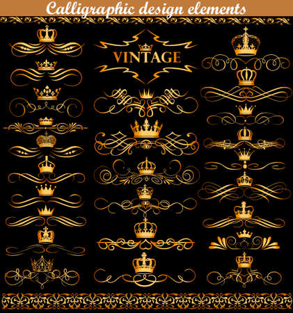 Illustration set of gold vintage calligraphic design elements with crowns.のイラスト素材