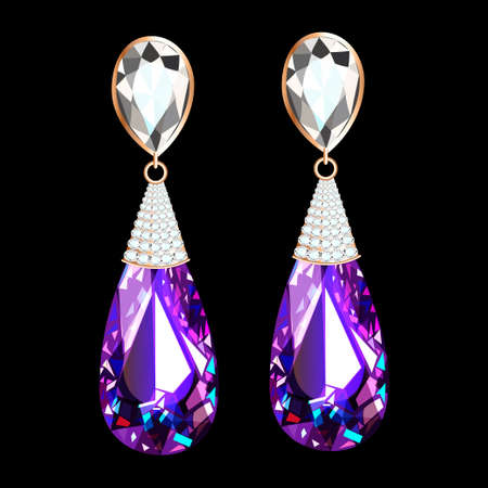 Illustration of a set of gold earrings jewelry with precious stonesのイラスト素材
