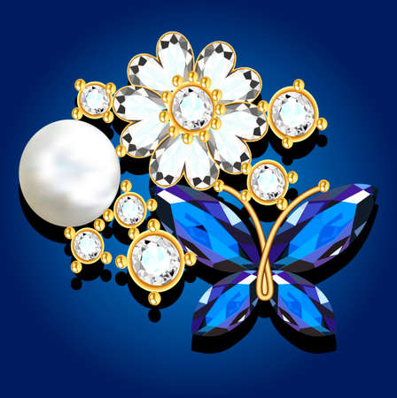 Illustration of a brooch in the shape of a flower and a butterfly gold with precious stonesのイラスト素材