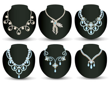 Illustration set woman wedding necklace with pearls and precious stones isolated on white backgroundのイラスト素材